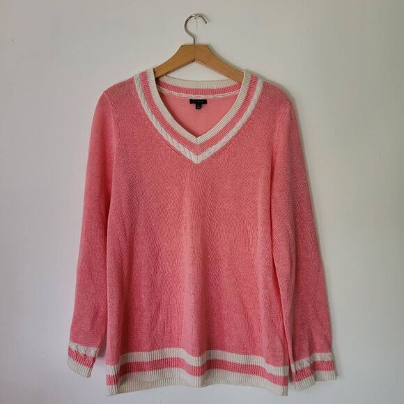 Talbots 100% Linen Pink and White V-Neck Sweater Prep Long Sleeve M - Picture 1 of 5